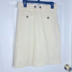 J.Crew Cream Belted 100% Wool Skirt Brass Like Buttons Front Pockets Size 8